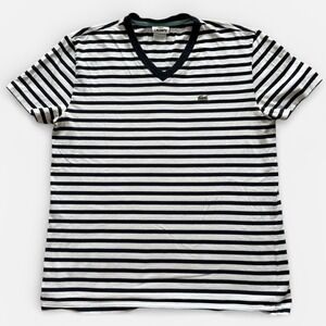 Lacoste Navy and White Striped V‑Neck Tee
